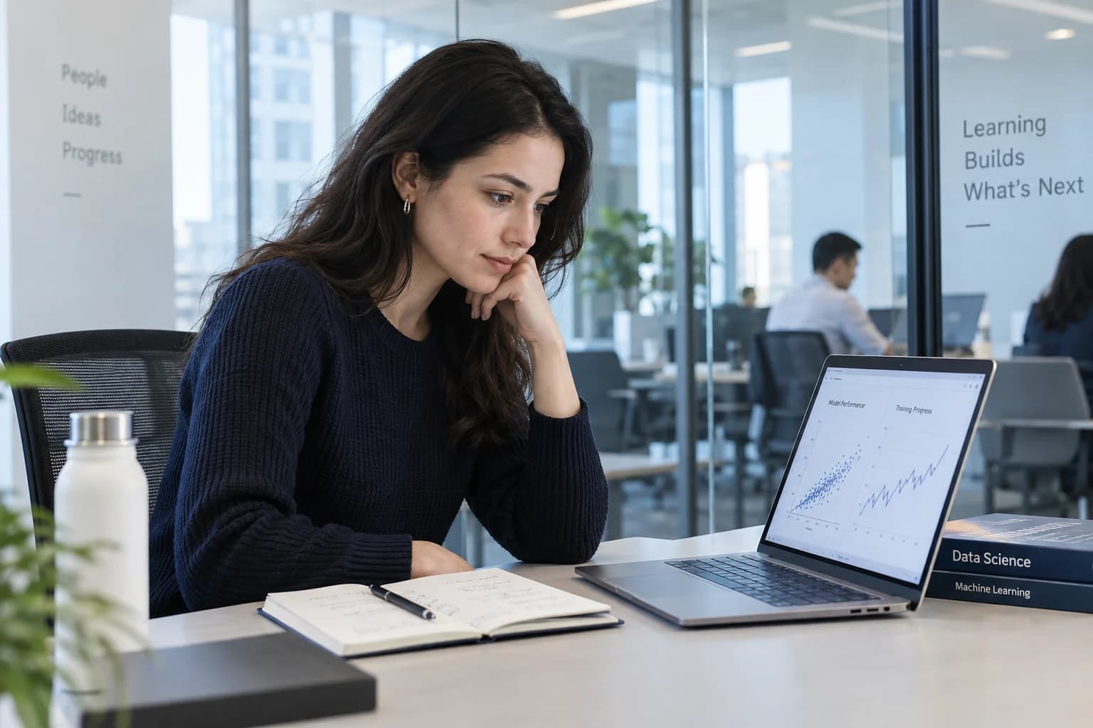 Illustrative professional learner studying data visualizations in a contemporary learning space