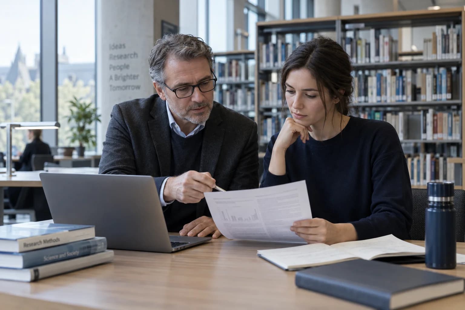 Illustrative research candidate and supervisor reviewing papers in a library